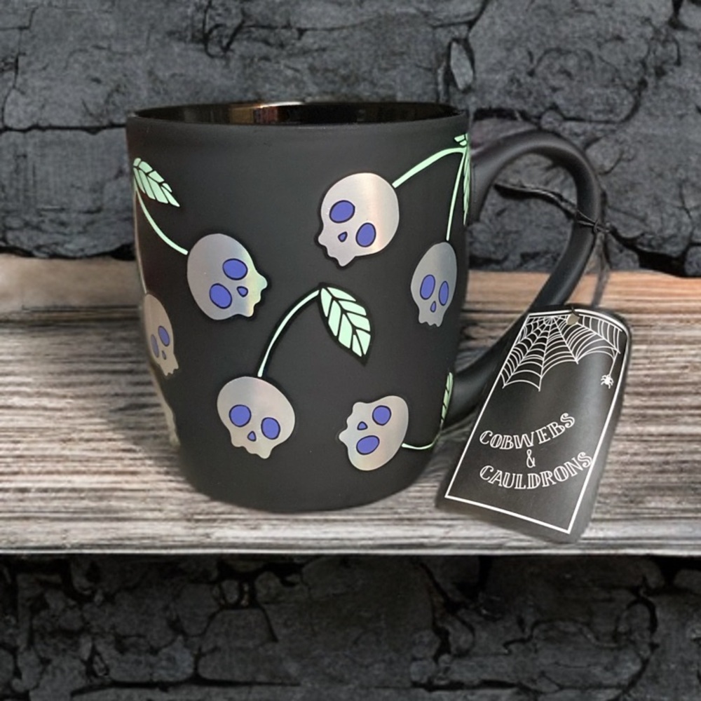 Cobwebs & Cauldrons Halloween Mug Black Skulls Cherry Spooky Soft Touch‎ Cup